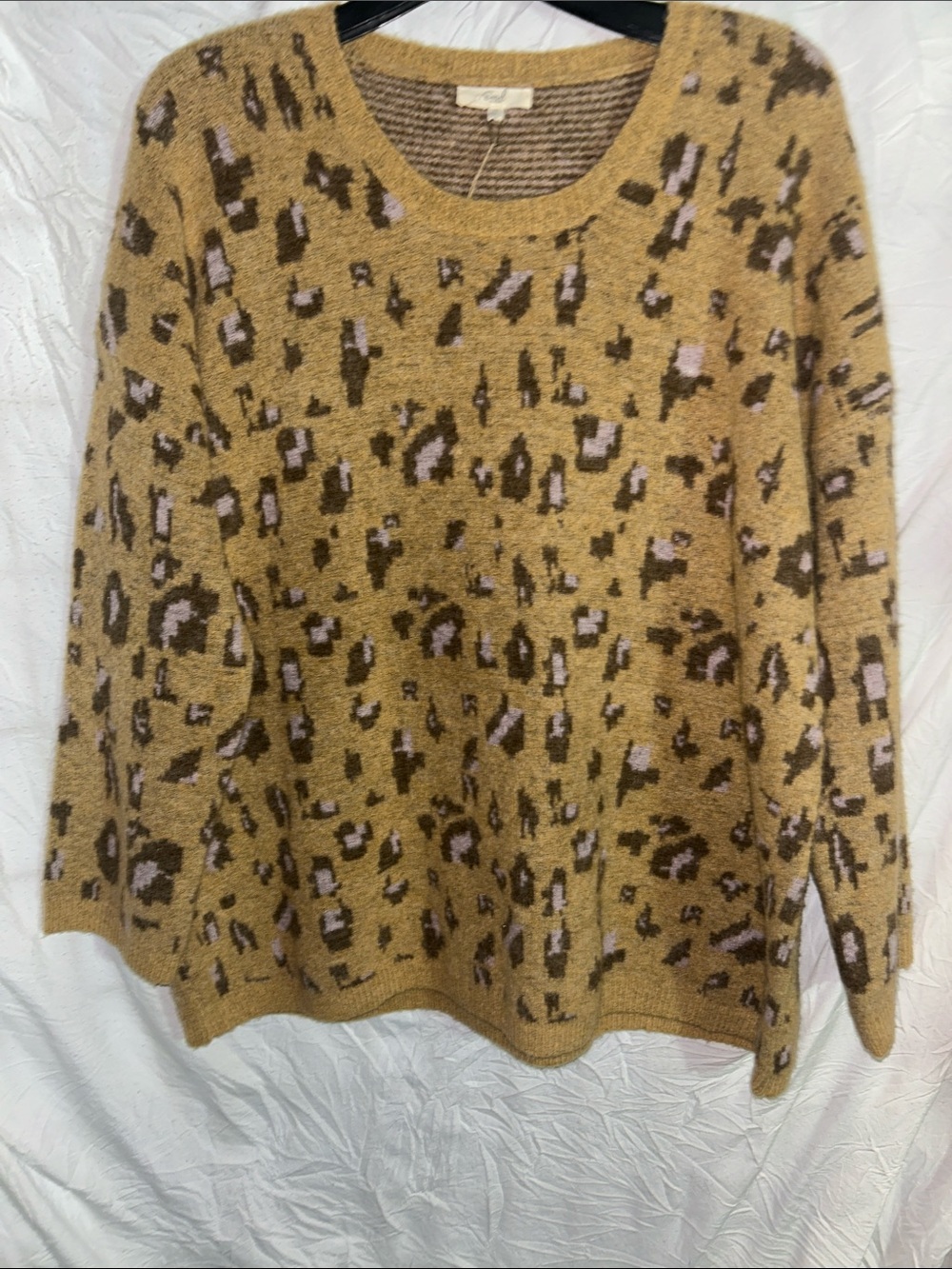 easel Tan Leopard-Print Crewneck Sweater with Lilac Spots sz 1X NWT